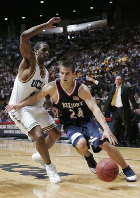 SAN DIEGO - MARCH 16:  Justin Hare #24 of the Belmont Bruins drives against Arron Afflalo #4 of the UCLA Bruins during the first round of the 2006 NCAA Men's Basketball Tournament on March 16, 2006 at Cox Arena in San Diego, California.  (Photo by Lisa Bl
