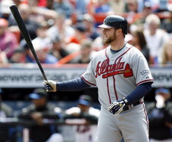 NEW YORK - APRIL 26: Brian McCann #16 of the Atlanta Braves bats in the first inning of a game against the New York Mets on April 26, 2008 at Shea Stadium in the Queens borough of New York City. (Photo by Jeff Zelevansky/Getty Images)