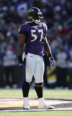 BALTIMORE - NOVEMBER 5:  Bart Scott #57 of the Baltimore Ravens looks on during the game against the Cincinnati Bengals at M&T Bank Stadium on November 5, 2006 in Baltimore, Maryland.  The Ravens defeated the Bengals 26-20. (Photo by Harry How/Getty Image