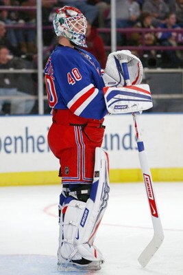 NEW YORK - FEBRUARY 15:  Goalie Stephen Valiquette #40 of the New York Rangers looks down the ice during the game against the Philadelphia Flyers on February 15, 2009 at Madison Square Garden in New York City.  (Photo by Chris McGrath/Getty Images)