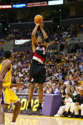 21 Apr 2002: Scottie Pippen #33 of the Portland Trail Blazers puts a shot up over Kobe Bryant #8 of the Los Angeles Lakers during round one of the 2002 NBA Playoffs at Staples Center in Los Angeles, California. DIGITAL IMAGE NOTE TO USER: User expressl