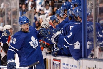 TORONTO - NOVEMBER 29:  Lee Stempniak #12 of the Toronto Maple Leafs greets teammates during the game against the Philadelphia Flyers at the Air Canada Centre November 29, 2008 in Toronto, Ontario.(Photo By Dave Sandford/Getty Images)