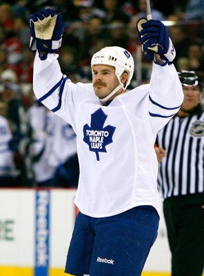 RALEIGH, NC - JANUARY 15:  Ian White #7 of the Toronto Maple Leafs reacts after scoring a goal against the Carolina Hurricanes on January 15, 2009 at RBC Center in Raleigh, North Carolina.  (Photo by Kevin C. Cox/Getty Images)