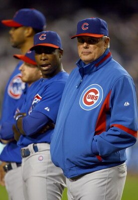 LOS ANGELES, CA - OCTOBER 04:  Manager Lou Piniella of the Chicago Cubs and Alfonso Soriano #12 look on during pregame introductions before taking on the Los Angeles Dodgers in Game Three of the NLDS during the 2008 MLB playoffs on October 4, 2008 at Dodg