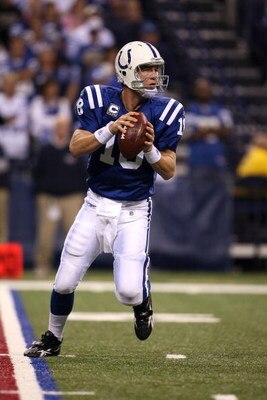 INDIANAPOLIS - NOVEMBER 02:  Peyton Manning #18 of the Indianapolis Colts looks to pass against the New England Patriots at Lucas Oil Stadium on November 2, 2008 in Indianapolis, Indiana.  (Photo by Andy Lyons/Getty Images)