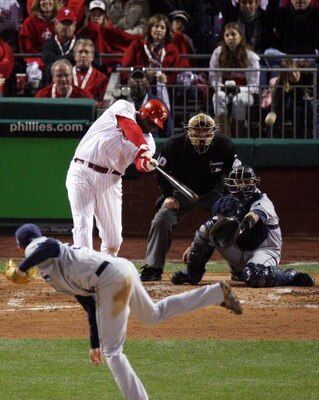 PHILADELPHIA - OCTOBER 26:  Ryan Howard #6 of the Philadelphia Phillies hits a three-run home run  against Andy Sonnanstine #21 of the Tampa Bay Rays during game four of the 2008 MLB World Series on October 26, 2008 at Citizens Bank Park in Philadelphia, 