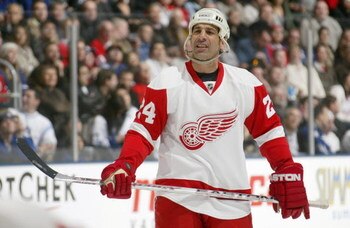 TORONTO - FEBRUARY 9: Chris Chelios #24 of the Detroit Red Wings looks on against the Toronto Maple Leafs during their NHL game at the Air Canada Centre February 9, 2008 in Toronto, Ontario. (Photo By Dave Sandford/Getty Images)