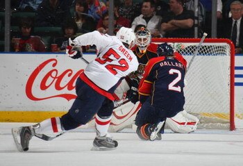 SUNRISE, FL - FEBRUARY 15: Mike Green #52 of the Washington Capitals takes the shot against the Florida Panthers on February 15, 2009 at the BankAtlantic Center in Sunrise, Florida. (Photo by Bruce Bennett/Getty Images)