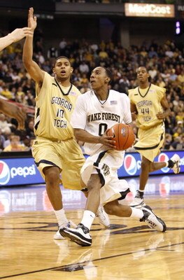 WINSTON-SALEM, NC - FEBRUARY 18:  Jeff Teague #0 of the Wake Forest Demon Deacons steps to the basket during their game against the Georgia Tech Yellow Jackets at Lawrence Joel Coliseum on February 18, 2009 in Winston-Salem, North Carolina. The Demon Deac