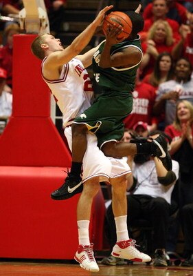 BLOOMINGTON, IN - DECEMBER 29:  Lance Stemler #22 of the Indiana Hoosiers defends the shot of David Holston #3 of the Chicago State Cougars during the game at Assembly Hall December 29, 2007 in Bloomington, Indiana.  (Photo by Andy Lyons/Getty Images)