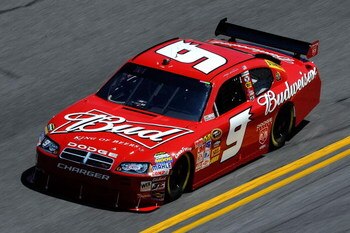 DAYTONA BEACH, FL - FEBRUARY 07:  Kasey Kahne, driver of the #9 Budweiser Dodge, drives during practice for the NASCAR Sprint Cup Series Daytona 500 at Daytona International Speedway on February 7, 2009 in Daytona Beach, Florida.  (Photo by Sam Greenwood/
