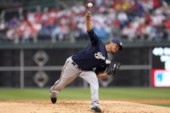PHILADELPHIA - OCTOBER 1:  Yovani Gallardo #49 of the Milwaukee Brewers pitches during Game 1 of the NLDS Playoffs against the Philadelphia Phillies at Citizens Bank Ballpark on October 1, 2008 in Philadelphia, Pennsylvania. The Phillies defeated the Brew