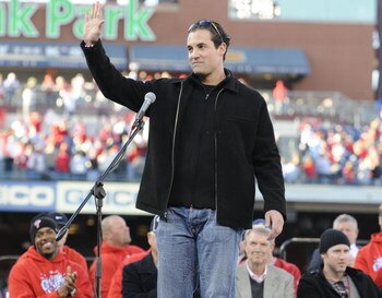 PHILADELPHIA, PA - OCTOBER 31:  Philadelphia Phillies Pat Burrell waves at a victory rally at Citizens Bank Park October 31, 2008 in Philadelphia, Pennsylvania. The Phillies defeated the Tampa Bay  Rays to win their first World Series in 28 years. (Photo 