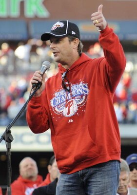 PHILADELPHIA, PA - OCTOBER 31:  Philadelphia Phillies Jamie Moyer speaks at a victory rally at Citizens Bank Park October 31, 2008 in Philadelphia, Pennsylvania. The Phillies defeated the Tampa Bay  Rays to win their first World Series in 28 years. (Photo