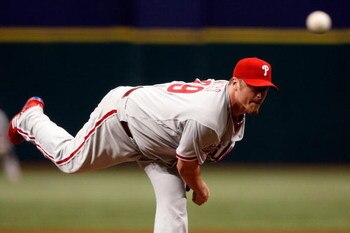 ST PETERSBURG, FL - OCTOBER 23:  Brett Myers #39 of the Philadelphia Phillies throws a pitch against the Tampa Bay Rays during game two of the 2008 MLB World Series on October 23, 2008 at Tropicana Field in St. Petersburg, Florida.  (Photo by Scott Audett