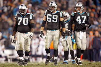 CHARLOTTE, NC - DECEMBER 14:  Jordan Gross #69 of the Carolina Panthers walks on the field during the game against the Denver Broncos at Bank of America Stadium on December 14, 2008 in Charlotte, North Carolina. (Photo by: Streeter Lecka/Getty Images)