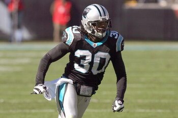 CHARLOTTE - OCTOBER 26:   Charles Godfrey #30 of the Carolina Panthers runs on the field during the game against of the Arizona Cardinals at Bank of America Stadium on October 26, 2008 in Charlotte, North Carolina. (Photo by: Streeter Lecka/Getty Images)