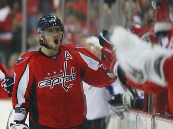 WASHINGTON - MARCH 27: Alex Ovechkin #8 of the Washington Capitals celebrates a Caps goal against the Tampa Bay Lightning on March 27, 2009 at the Verizon Center in Washington, D.C. (Photo by Bruce Bennett/Getty Images)
