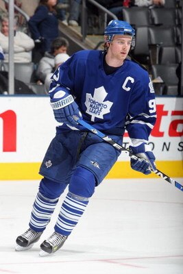 TORONTO - JANUARY 31:  Matt Stajan of the Toronto Maple Leafs warms up before the game against the Pittsburgh Penguins at Air Canada Centre on January 31, 2009 in Toronto, Ontario, Canada. Stajan wore the #93 jersey of Doug Gilmour, whose jersey was raise