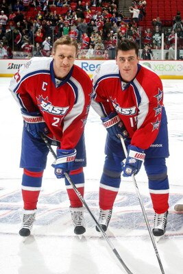 MONTREAL - JANUARY 25:  Eastern Conference All-Star Alex Kovalev of the Montreal Canadiens and Tomas Kaberle of the Toronto Maple Leafs pose for a photo before the 2009 NHL All-Star game at the Bell Centre on January 25, 2009 in Montreal, Canada.  (Photo 