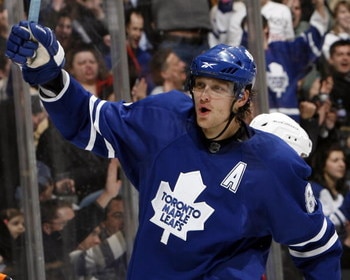 TORONTO - FEBRUARY 19: Nik Antropov #80 of the Toronto Maple Leafs celebrates second goal during game action February 19, 2009 at the Air Canada Centre in Toronto, Ontario, Canada. (Photo by Dave Abel/Getty Images)