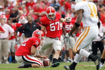 ATHENS, GA - OCTOBER 11:  Blair Walsh #57 of the Georgia Bulldogs kicks a field goal during the game against the Tennessee Volunteers at Sanford Stadium on October 11, 2008 in Athens, Georgia.  (Photo by Kevin C. Cox/Getty Images)