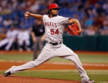 ST. PETERSBURG, FL - AUGUST 19:  Starting pitcher Ervin Santana #54 of the Los Angeles Angels pitches against the Tampa Bay Rays during the game on August 19, 2008 at Tropicana Field in St. Petersburg, Florida.  (Photo by J. Meric/Getty Images)
