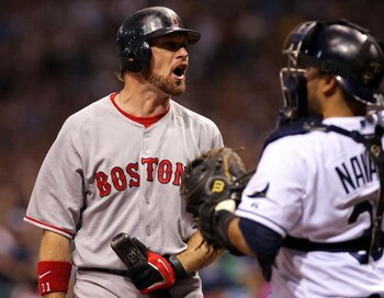 ST PETERSBURG, FL - OCTOBER 19:  Mark Kotsay #11 of the Boston Red Sox reacts after striking out in the ninth inning against the Tampa Bay Rays in game seven of the American League Championship Series during the 2008 MLB playoffs on October 19, 2008 at Tr