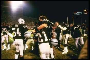 22 Jan 1984: The Los Angeles Raiders celebrate after Super Bowl XVIII against the Washington Redskins at Tampa Stadium in Tampa, Florida. The Raiders won the game, 38-9.