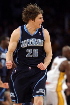 LOS ANGELES, CA - MAY 04:  Kyle Korver #26 of the Utah Jazz reacts in the fourth quarter against the Los Angeles Lakers in Game One of the Western Conference Semifinals during the 2008 NBA Playoffs at Staples Center on May 4, 2008 in Los Angeles, Californ