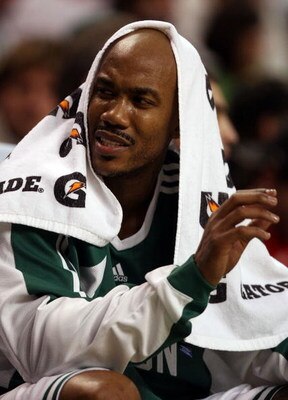 BOSTON - FEBRUARY 27:  Stephon Marbury #8 of the Boston Celtics sits on the bench after he was pulled from the game in the second quarter against the Indiana Pacers on February 27, 2009 at TD Banknorth Garden in Boston, Massachusetts. NOTE TO USER: User e