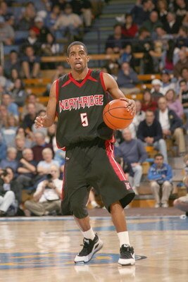 WESTWOOD, CA - DECEMBER 7: Deon Tresvant #5 of the Cal State Northridge Matadors dribbles the ball during the game against the UCLA Bruins on December 7, 2008 at Pauley Pavilion in Westwood, California.  UCLA defeated Northridge 85-67.  (Photo by Jeff Gol
