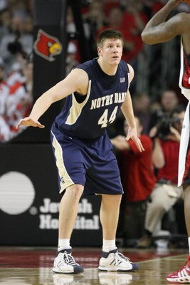 LOUISVILLE, KY - JANUARY 12:  Luke Harangody #44 of the Notre Dame Fighting Irish guards during the Big East Conference game against the Louisville Cardinals on January 12, 2009 at Freedom Hall in Louisville, Kentucky.  (Photo by Andy Lyons/Getty Images)