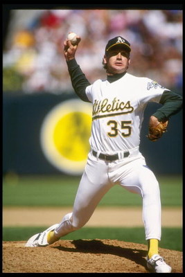 1991:  Pitcher Bob Welch of the Oakland Athletics prepares to throw the ball during a game against the Boston Red Sox. Mandatory Credit: Otto Greule  /Allsport