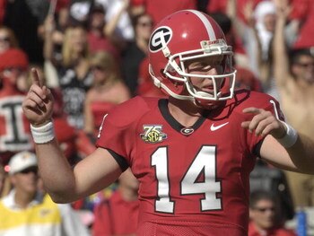 ATHENS, GA - SEPTEMBER 29: Quarterback Joe Cox #14 of the Georgia Bulldogs celebrates a late-game touchdown against the Mississippi Rebels at Sanford Stadium on September 29, 2007 in Athens, Georgia. (Photo by Al Messerschmidt/Getty Images)