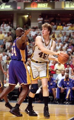 16 Jun 2000:  Rik Smits #45 of the Indiana Pacers steals the ball from Shaquille O''Neal #34 of the Los Angeles Lakers during the NBA Finals Game 4 at the Conseco Fieldhouse in Indianapolis, Indiana.  The Lakers defeated the Pacers in overtime 120-118. Th