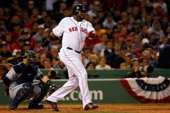 BOSTON - OCTOBER 16:  David Ortiz #34 of the Boston Red Sox bats against the Tampa Bay Rays in game five of the American League Championship Series during the 2008 MLB playoffs at Fenway Park on October 16, 2008 in Boston, Massachusetts.  (Photo by Jim Ro