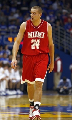 LAWRENCE - DECEMBER 22: Michael Bramos #24 of the Miami (Ohio) Redhawks walks downcourt during the game the Kansas Jayhawks during the game on December 22, 2007 at Allen Fieldhouse in Lawrence, Kansas. (Photo by: Jamie Squire/Getty Images)