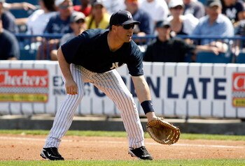TAMPA, FL - FEBRUARY 28:  Infielder Mark Teixeira #25 of the New York Yankees prepares for a play against the Minnesota Twins during a Grapefruit League Spring Training Game at George M. Steinbrenner Field on February 28, 2009 in Tampa, Florida.  (Photo b