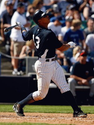 TAMPA, FL - FEBRUARY 28:  Infielder Alex Rodriguez #13 of the New York Yankees fouls off a pitch against the Minnesota Twins during a Grapefruit League Spring Training game at George M. Steinbrenner Field on February 28, 2009 in Tampa, Florida.  (Photo by