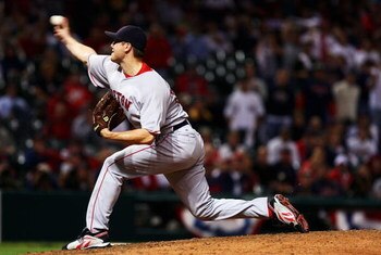 CLEVELAND - OCTOBER 18:  Closing pitcherJonathan Papelbon #58 of the Boston Red Sox delivers against the Cleveland Indians during Game Five of the American League Championship Series at Jacobs Field on October 18, 2007 in Cleveland, Ohio.  The Red Sox won