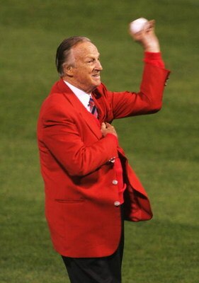 ST LOUIS - OCTOBER 26:  Hall of famer Stan 'the man' Musial throws out the first pitch before game three of the World Series between the Boston Red Sox and the St. Louis Cardinals on October 26, 2004 at Busch Stadium in St. Louis, Missouri. (Photo by Step