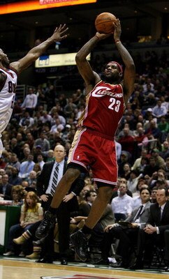 MILWAUKEE - FEBRUARY 20:  LeBron James #23 of the Cleveland Cavaliers puts up a shot on his way to a game-high 55 points against the Milwaukee Bucks on February 20, 2009 at the Bradley Center in Milwaukee, Wisconsin. The Cavaliers defeated the Bucks 111-1