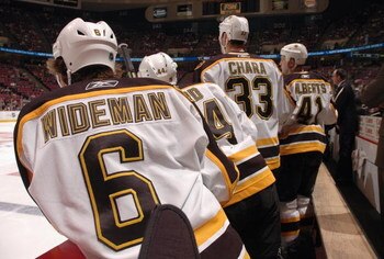 EAST RUTHERFORD, NJ - APRIL 1:  Dennis Wideman #6, Zdeno Chara #33 and Andrew Alberts #41 of the Boston Bruins look on from the bench against the New Jersey Devils at Continental Airlines Arena on April 1, 2007 in East Rutherford, New Jersey. The Devils w