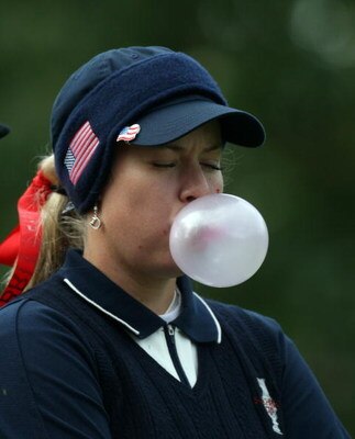 HALMSTAD, SWEDEN - SEPTEMBER 14:  Brittany Lincicome of the USA blows bubble gum on the par 4, 15th hole during the afternoon fourball matches of the 2007 Solheim Cup, held on the Halmstad Golf Club, on September 14, 2007, in Halmstad, Sweden.  (Photo by 
