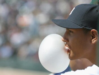 DETROIT - MARCH 4:  Pitcher Wilfredo Ledezma #41 of the Detroit Tigers blows a bubble during the game against the Kansas City Royals on March 4, 2005 at Comerica Park in Detroit, Michigan. The Tigers won 11-2.  (Photo by Tom Pidgeon/Getty Images)