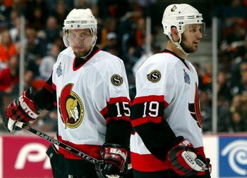 ANAHEIM, CA - JUNE 06:  Dany Heatley #15 and teammate Jason Spezza #19 of the Ottawa Senators react to a play during Game Five of the 2007 Stanley Cup finals against the Anaheim Ducks on June 6, 2007 at Honda Center in Anaheim, California.   (Photo by Jim