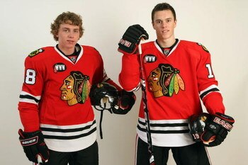 CHICAGO - NOVEMBER 08:  Patrick Kane #88 (L) and Jonathan Toews #19 of the Chicago Blackhawks pose for a photo portrait shoot at the Edge (Blackhawks practice facilty) on November 8, 2007 in Bensenville, Illinois.  (Photo by Jonathan Daniel/Getty Images)