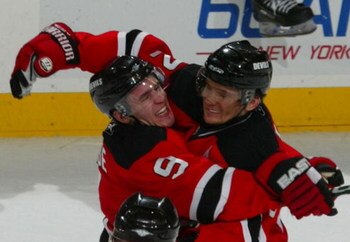 NEWARK, NJ - APRIL 06:  Zach Parise #9 (L) of the New Jersey Devils congratulates Patrik Elias #26 (R) on his shoot out winning goal against the New York Rangers at the Prudential Center April 6, 2008 in Newark, New Jersey. The Devils beat the Rangers 3-2