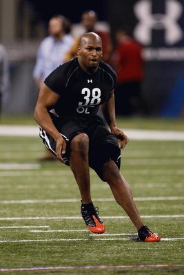 INDIANAPOLIS, IN - FEBRUARY 21:  Offensive lineman Eugene Monroe of Virginia runs in practice drills during the NFL Scouting Combine presented by Under Armour at Lucas Oil Stadium on February 21, 2009 in Indianapolis, Indiana. (Photo by Scott Boehm/Getty 